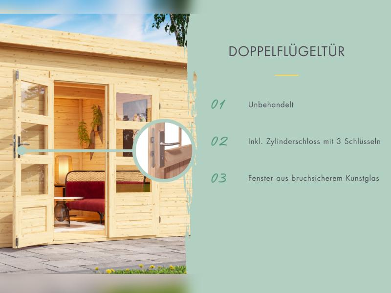 Karibu Gartenhaus Flora 5 natur,inkl. selbstklebende Dachbahn, Vlies und Wurzelschutzfolie (für Dach
