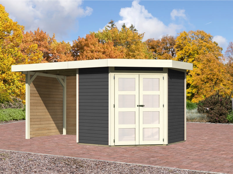 Karibu Gartenhaus Goldendorf 3 terragrau 19 mm mit Anbaudach 2,40 m, Seiten- und Rückwand
