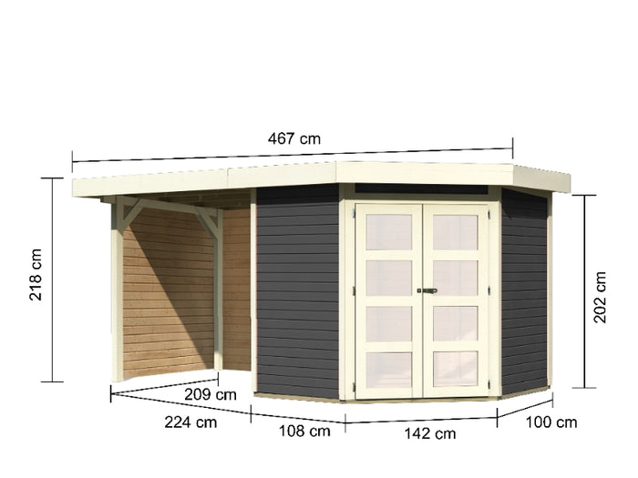 Karibu Gartenhaus Goldendorf 3 terragrau 19 mm mit Anbaudach 2,40 m, Seiten- und Rückwand