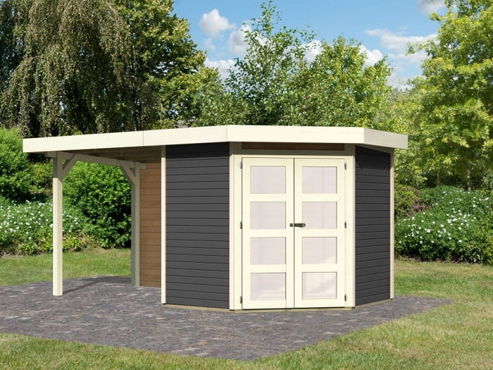 Karibu Gartenhaus Goldendorf 3 terragrau- Anbaudach 2,40 m und Rückwand