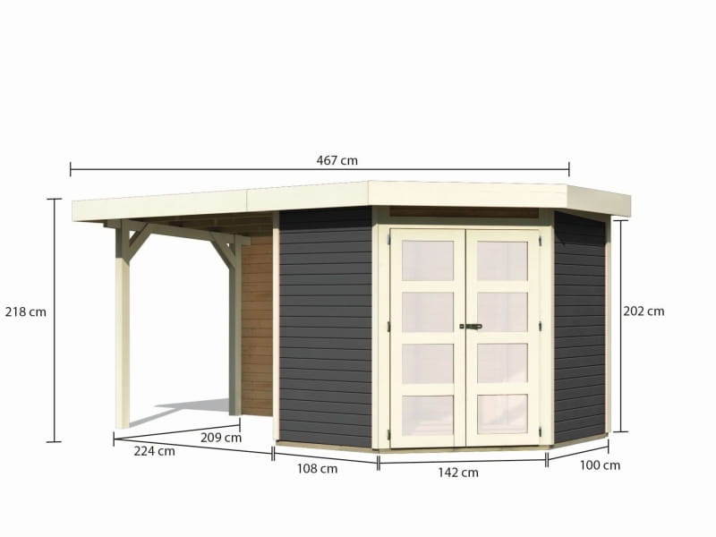 Karibu Gartenhaus Goldendorf 3 terragrau- Anbaudach 2,40 m und Rückwand