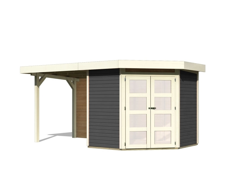 Karibu Gartenhaus Goldendorf 3 terragrau- Anbaudach 2,40 m und Rückwand