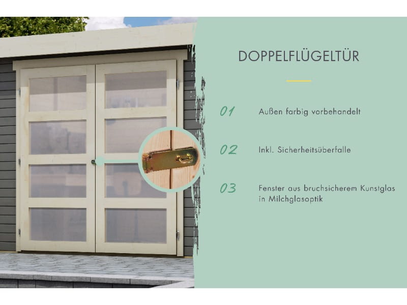 Karibu Gartenhaus Goldendorf 3 terragrau- Anbaudach 2,40 m und Rückwand