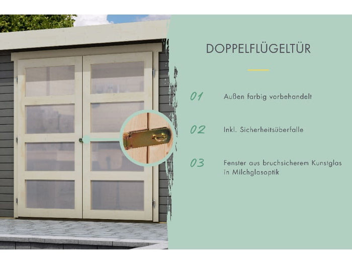 Karibu Gartenhaus Goldendorf 3 terragrau- Anbaudach 2,40 m und Rückwand