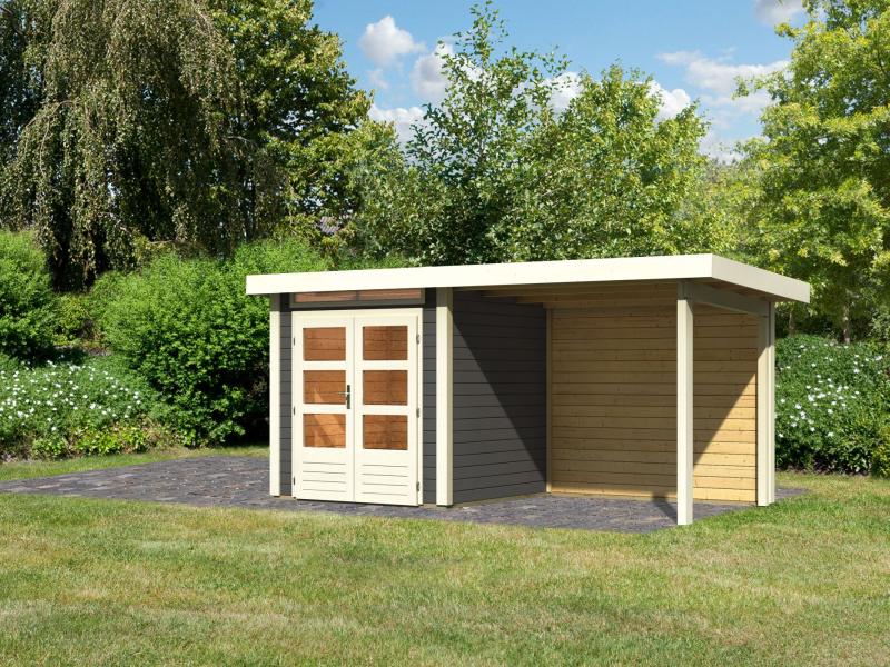 Karibu Gartenhaus Kandern 1 terragrau mit Anbaudach 2,35 m inkl. Rückwand