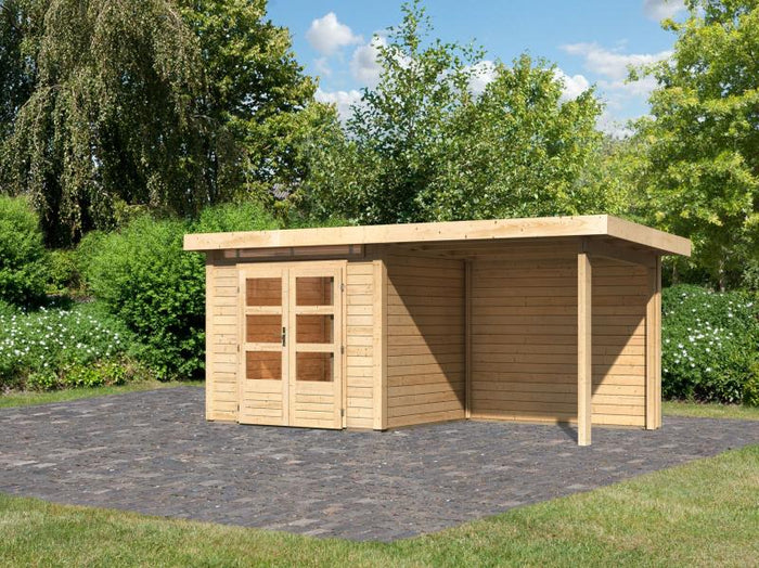 Karibu Gartenhaus Kandern 2 natur mit Anbaudach 2,35 m inkl. Rückwand