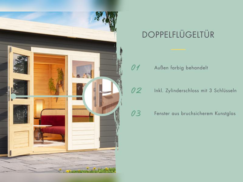 Karibu Gartenhaus Kandern 2 terragrau mit Anbaudach 2,35 m inkl. Rückwand