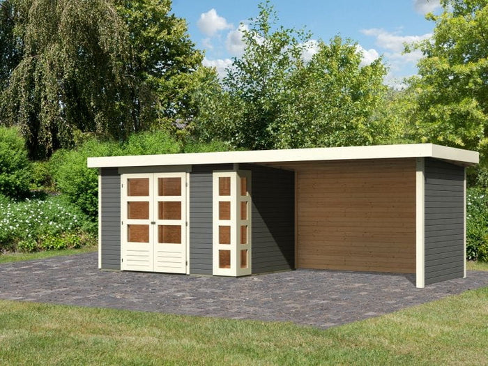 Karibu Gartenhaus Kerko 4 in terragrau mit Anbaudach 2,80 m und Rück-und Seitenwand