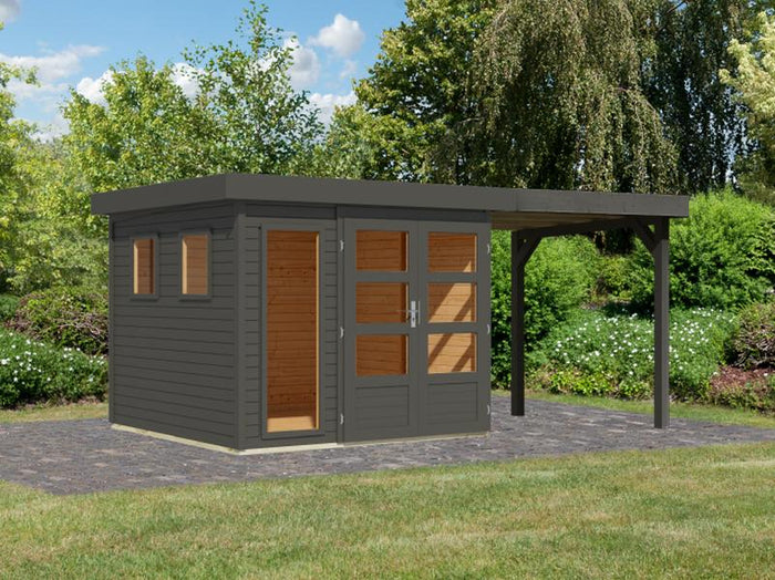Karibu Gartenhaus Lahar 3,5, terragrau komplett, inkl. Anbaudach 2,40 m Breite