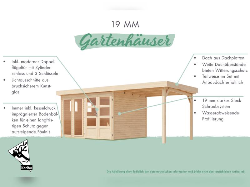 Karibu Gartenhaus Lahar 5, natur, inkl. Anbaudach 2,40 m Breite