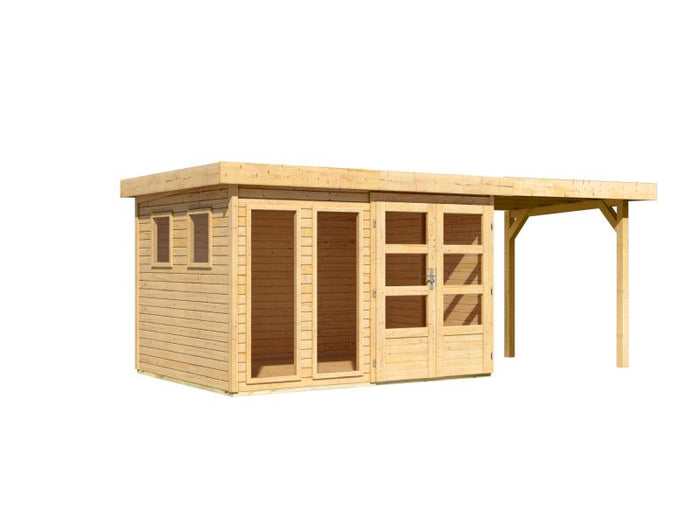 Karibu Gartenhaus Lahar 5, natur, inkl. Anbaudach 2,40 m Breite