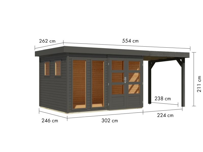 Karibu Gartenhaus Lahar 5, terragrau komplett, inkl. Anbaudach 2,40 m Breite
