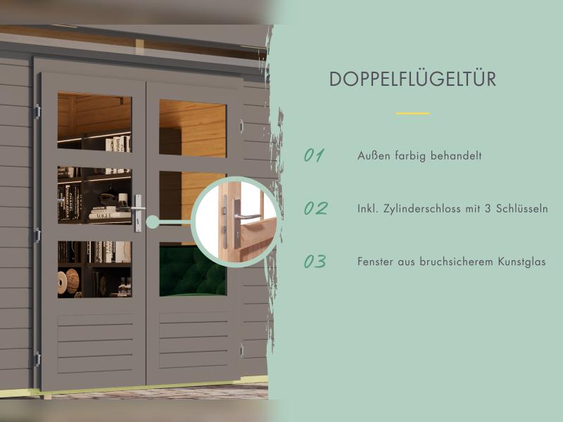 Karibu Gartenhaus Lahar 5, terragrau komplett, inkl. Anbaudach 2,40 m Breite