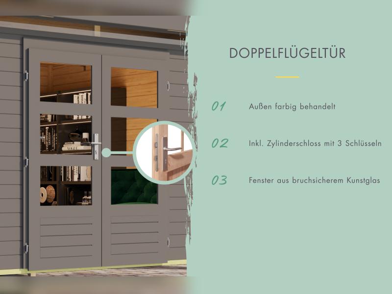 Karibu Gartenhaus Lahar 6, terragrau komplett, inkl. Anbaudach 2,40 m Breite