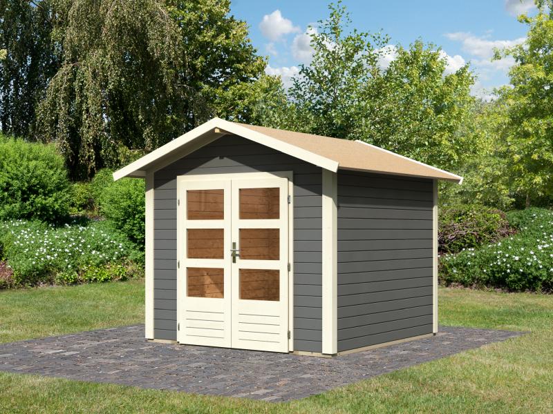 Karibu Gartenhaus Ravenna 1 terragrau, inkl. Fußboden und Dachschindeln (schwarz)