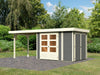 Karibu Gartenhaus Retola 2 in terragrau mit 2,80 Meter Anbaudach