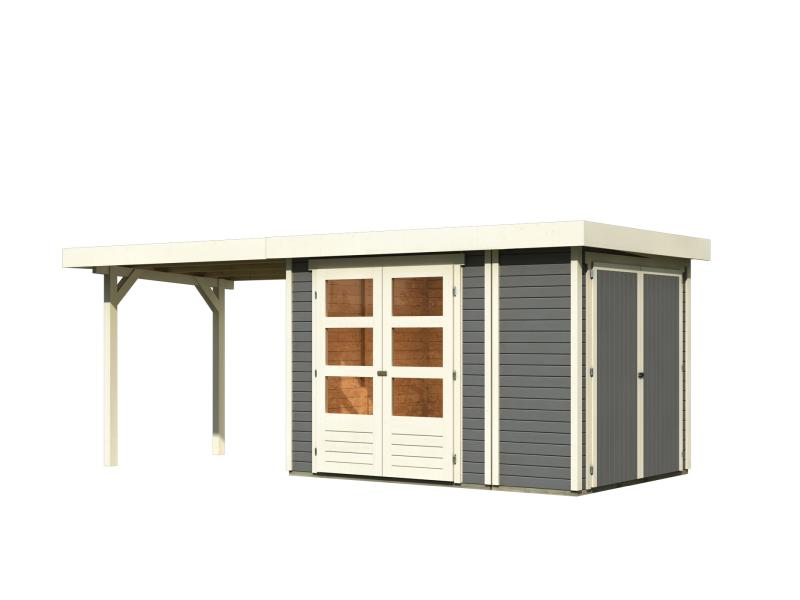 Karibu Gartenhaus Retola 2 in terragrau mit 2,80 Meter Anbaudach