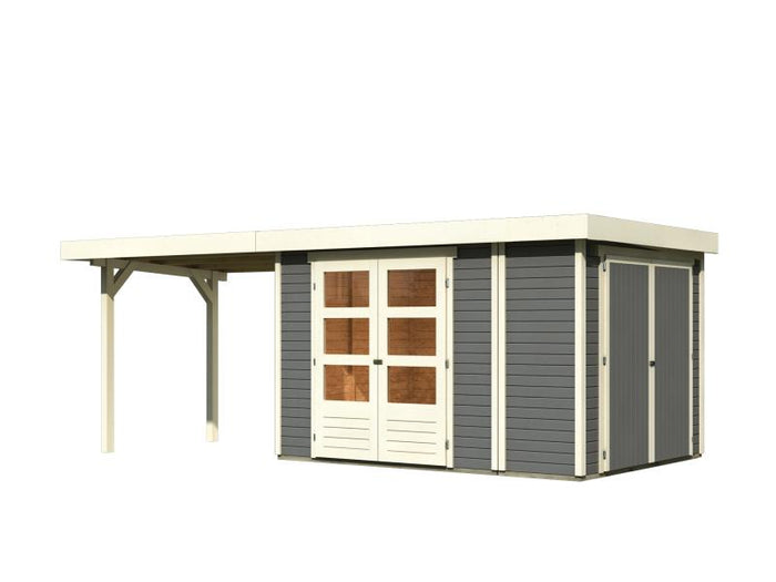 Karibu Gartenhaus Retola 4 mit Anbauschrank und Anbaudach 2,80 Meter, terragrau