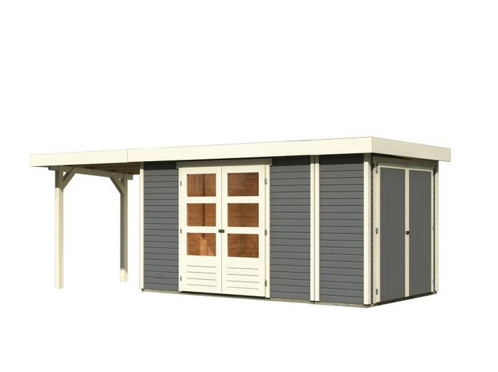 Karibu Gartenhaus Retola 5 mit Anbauschrank und Anbaudach 2,40 Meter, terragrau