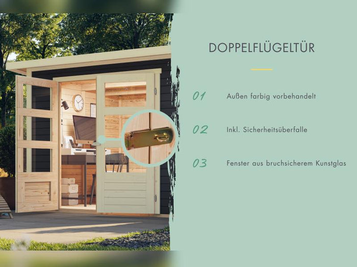 Karibu Gartenhaus Retola 5 mit Anbauschrank und Anbaudach 2,80 Meter, terragrau