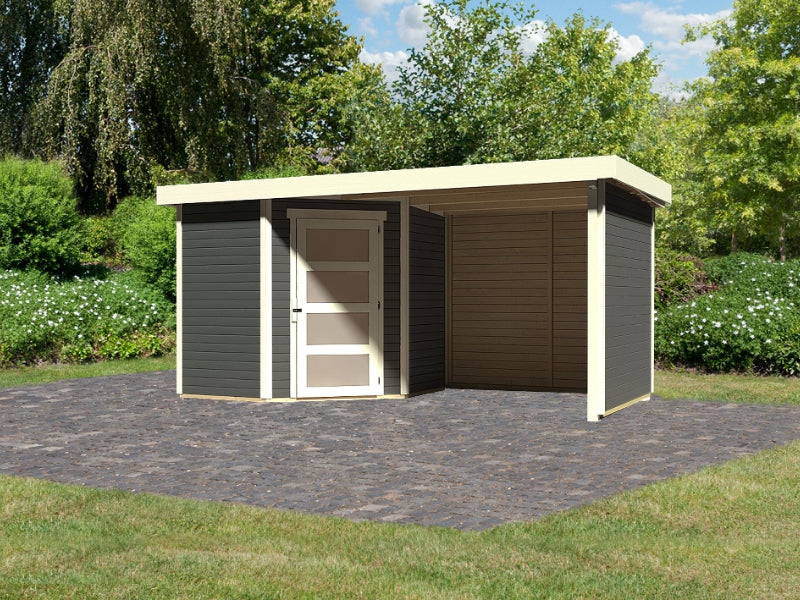 Karibu Gartenhaus Schwandorf 3 terragrau mit Anbaudach 2,40 Meter, Seiten- und Rückwand