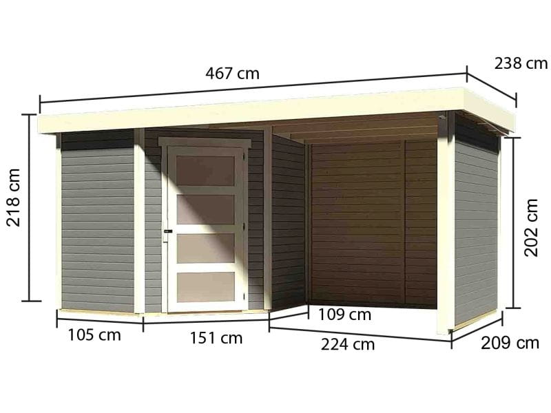 Karibu Gartenhaus Schwandorf 3 terragrau mit Anbaudach 2,40 Meter, Seiten- und Rückwand
