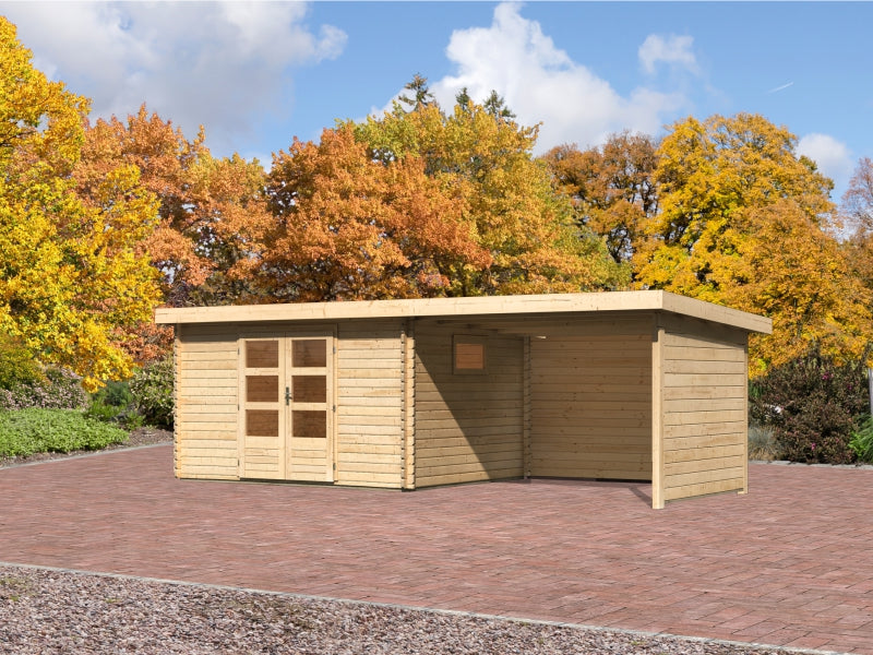 Karibu Gartenhaus Trittau 4 inkl. Anbaudach 3,3 m mit Rück- und Seitenwand