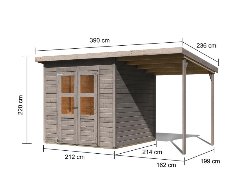 Karibu Gerätehaus Merseburg 4 SET mit Anbaudach, vorvergraut