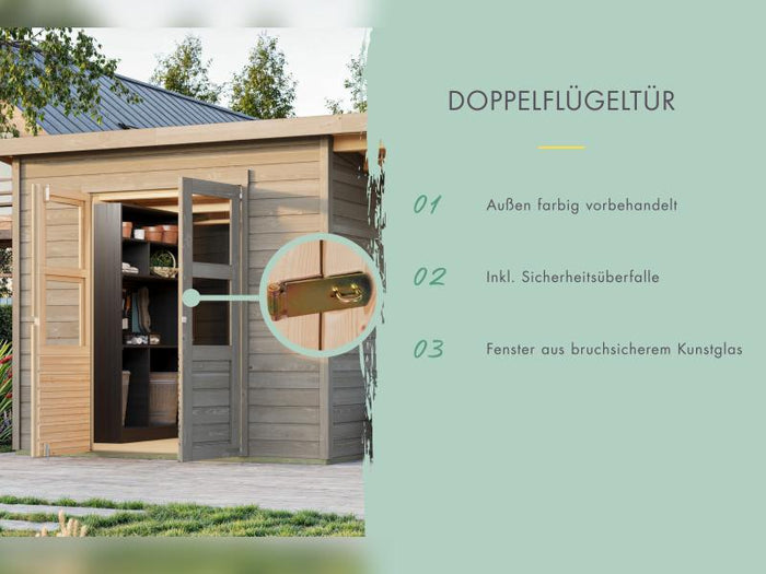 Karibu Gerätehaus Merseburg 4 SET mit Anbaudach, vorvergraut