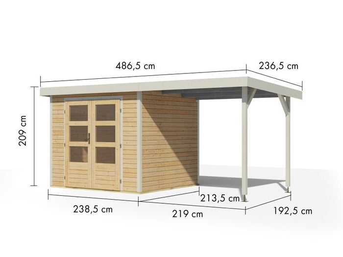Karibu Hybrid Gartenhaus Jupiter 3 A naturbelassen/weiß inkl. 2,35 m Anbaudach
