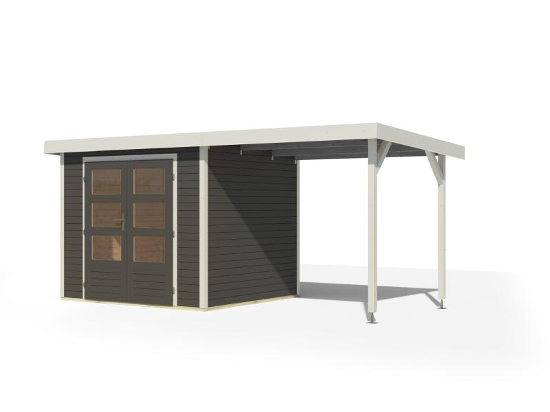 Karibu Hybrid Gartenhaus Jupiter 3 B terragrau/weiß inkl. 2,35 m Anbaudach