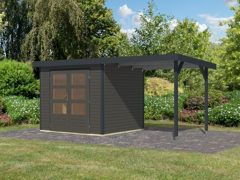 Karibu Hybrid Gartenhaus Jupiter 3 B terragrau/anthrazit inkl. 2,35 m Anbaudach