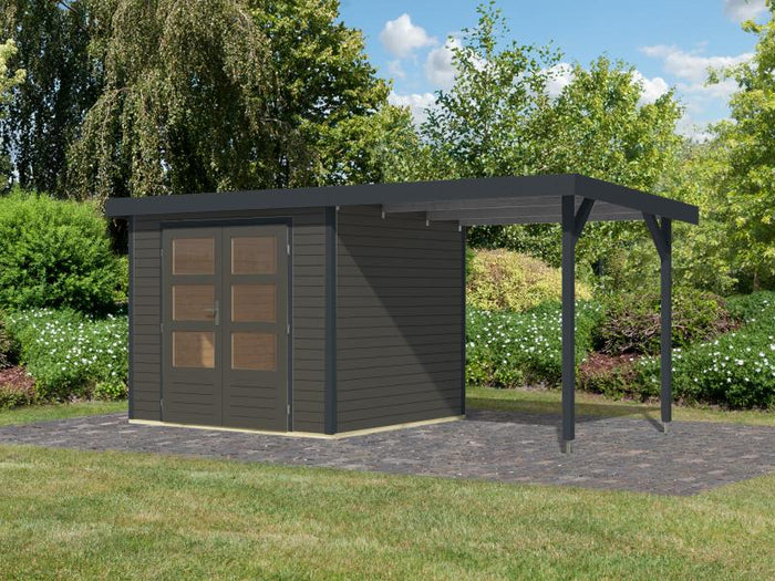 Karibu Hybrid Gartenhaus Jupiter 3 B terragrau/anthrazit inkl. 2,35 m Anbaudach