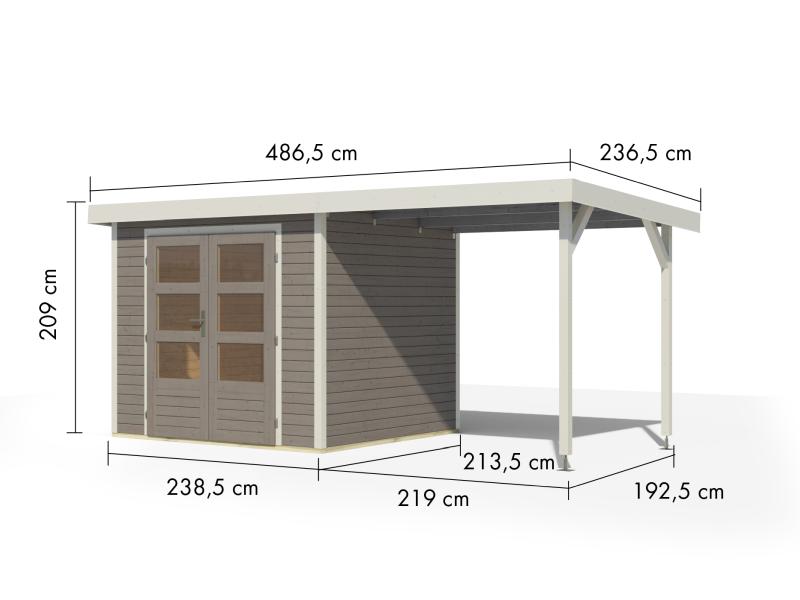 Karibu Hybrid Gartenhaus Jupiter 3 D wassergrau/weiß inkl. 2,35 m Anbaudach
