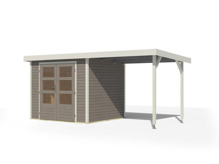 Karibu Hybrid Gartenhaus Jupiter 3 D wassergrau/weiß inkl. 2,35 m Anbaudach