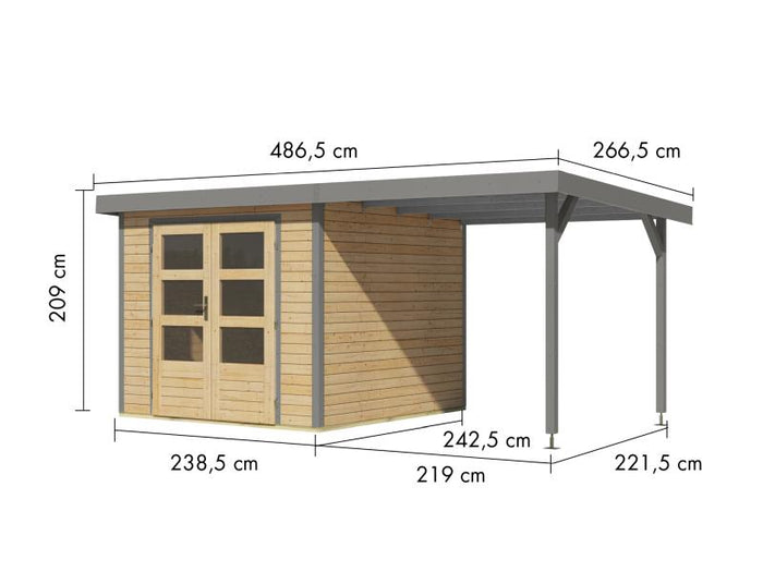 Karibu Hybrid Gartenhaus Jupiter 3,5 A naturbelassen/graualuminium, inkl. 2,35 m Anbaudach