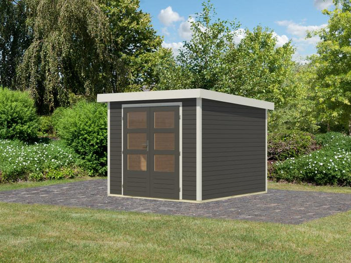Karibu Hybrid Gartenhaus Jupiter 3,5 B terragrau/weiß