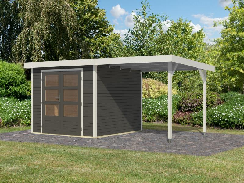 Karibu Hybrid Gartenhaus Jupiter 3,5 B terragrau/weiß, inkl. 2,35 m Anbaudach