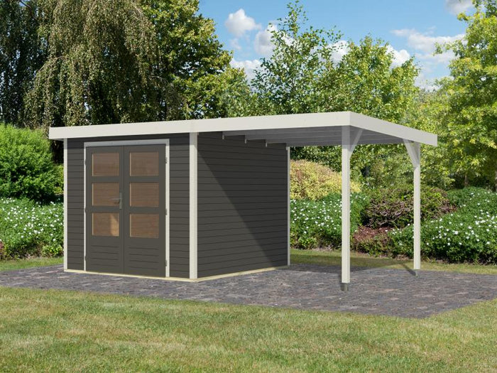 Karibu Hybrid Gartenhaus Jupiter 3,5 B terragrau/weiß, inkl. 2,35 m Anbaudach