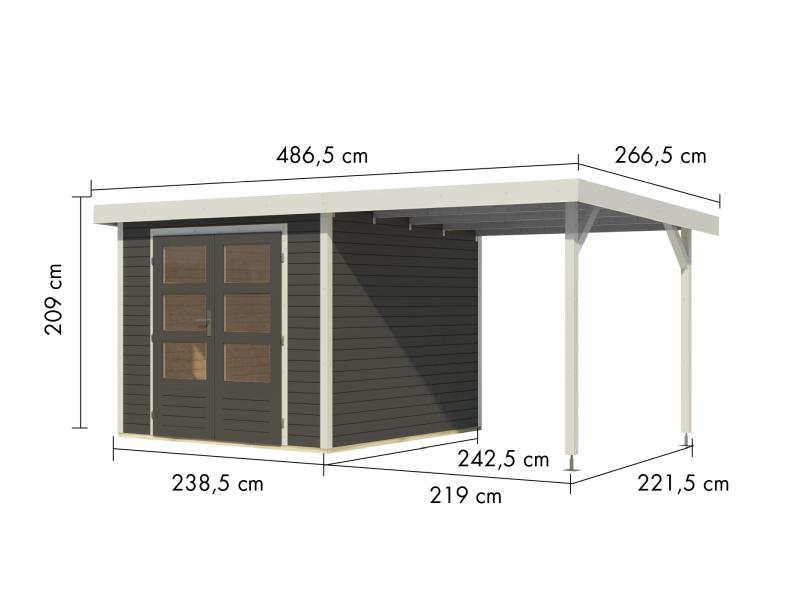 Karibu Hybrid Gartenhaus Jupiter 3,5 B terragrau/weiß, inkl. 2,35 m Anbaudach