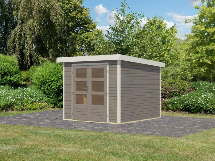 Karibu Hybrid Gartenhaus Jupiter 3,5 D wassergrau/weiß
