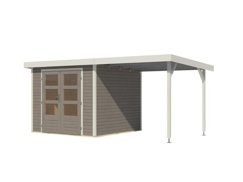 Karibu Hybrid Gartenhaus Jupiter 3,5 D wassergrau/weiß, inkl. 2,35 m Anbaudach