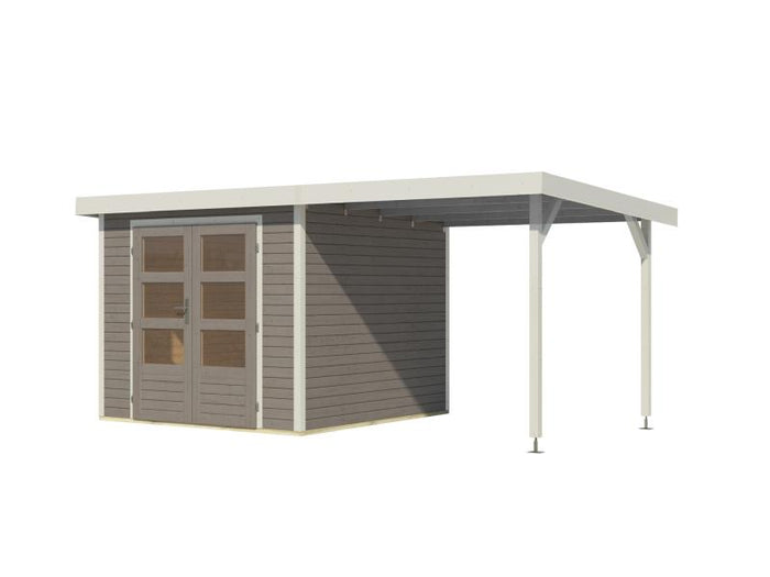 Karibu Hybrid Gartenhaus Jupiter 3,5 D wassergrau/weiß, inkl. 2,35 m Anbaudach