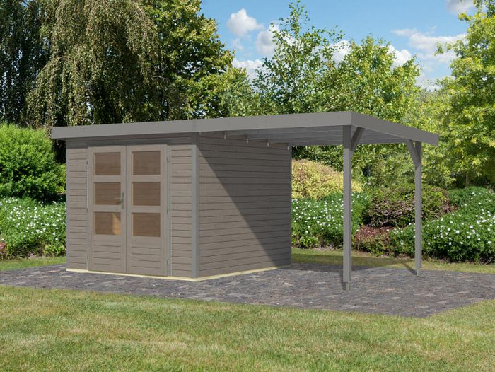 Karibu Hybrid Gartenhaus Jupiter 3,5 D wassergrau/graualuminium, inkl. 2,35 m Anbaudach