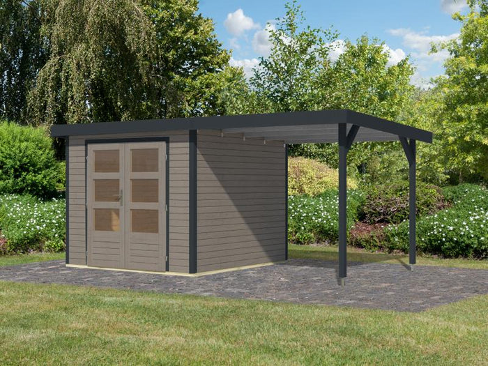 Karibu Hybrid Gartenhaus Jupiter 3,5 D wassergrau/anthrazit, inkl. 2,35 m Anbaudach