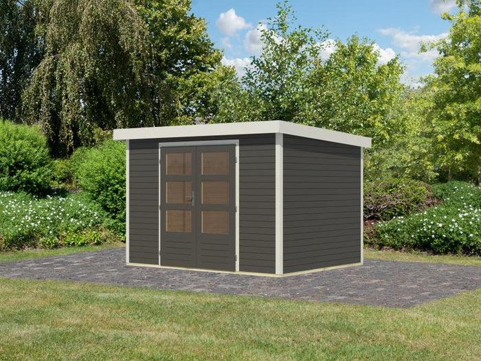 Karibu Hybrid Gartenhaus Jupiter 4 B terragrau/weiß