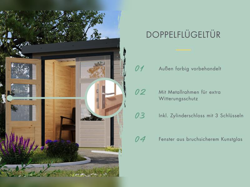Karibu Hybrid Gartenhaus Jupiter 4 D wassergrau/weiß, inkl. 2,35 m Anbaudach