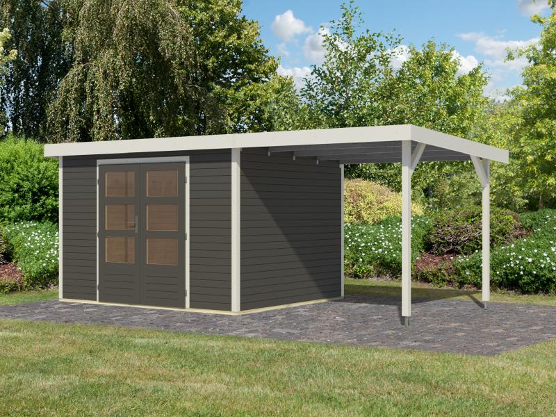 Karibu Hybrid Gartenhaus Jupiter 5 B terragrau/weiß, inkl. 2,35 m Anbaudach