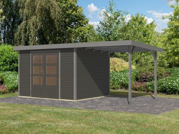 Karibu Hybrid Gartenhaus Jupiter 5 B terragrau/graualuminium, inkl. 2,35 m Anbaudach