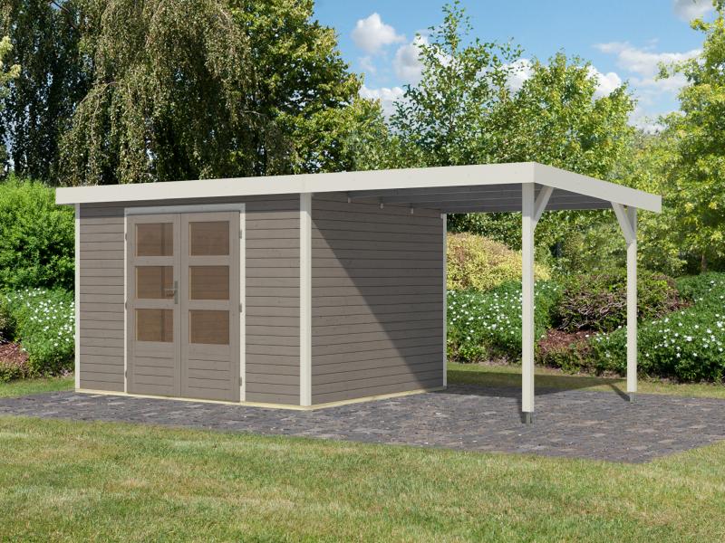 Karibu Hybrid Gartenhaus Jupiter 5 D wassergrau/weiß, inkl. 2,35 m Anbaudach